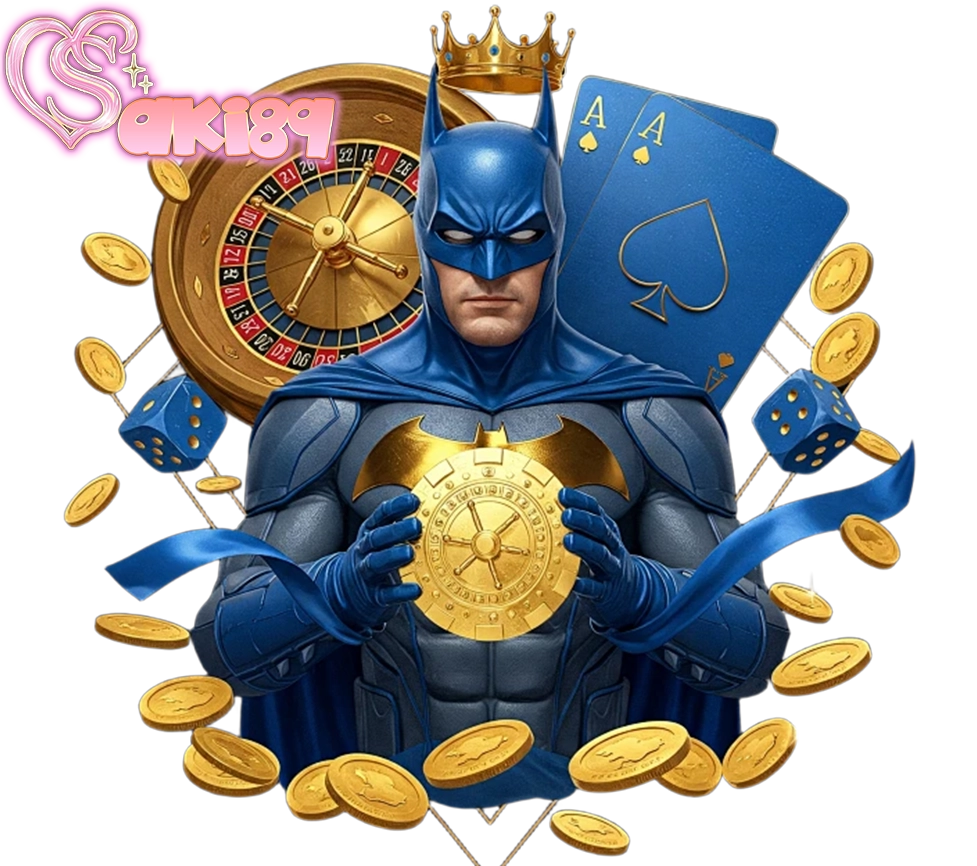 SAKI89 ภาพฮีโร่ถือเหรียญทอง โชว์สัญลักษณ์คาสิโนและเหรียญรางวัล